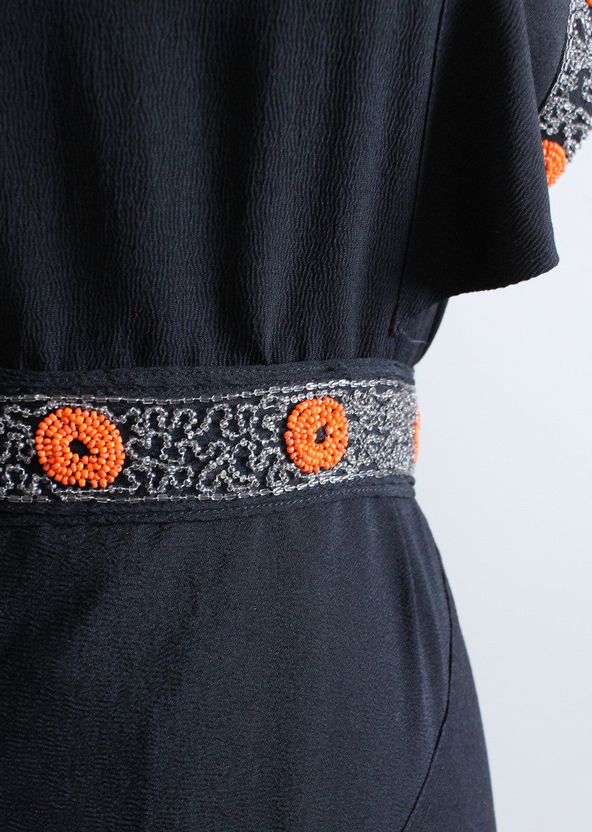 Vintage 1930s Black Crepe Tangerine Beaded Evening Dress