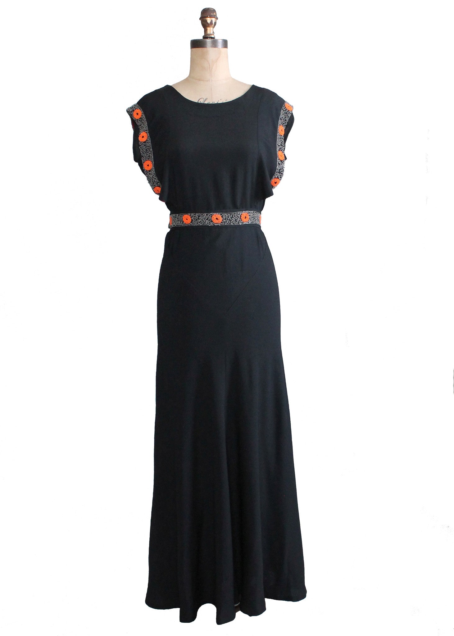 Vintage 1930s Black Crepe Tangerine Beaded Evening Dress