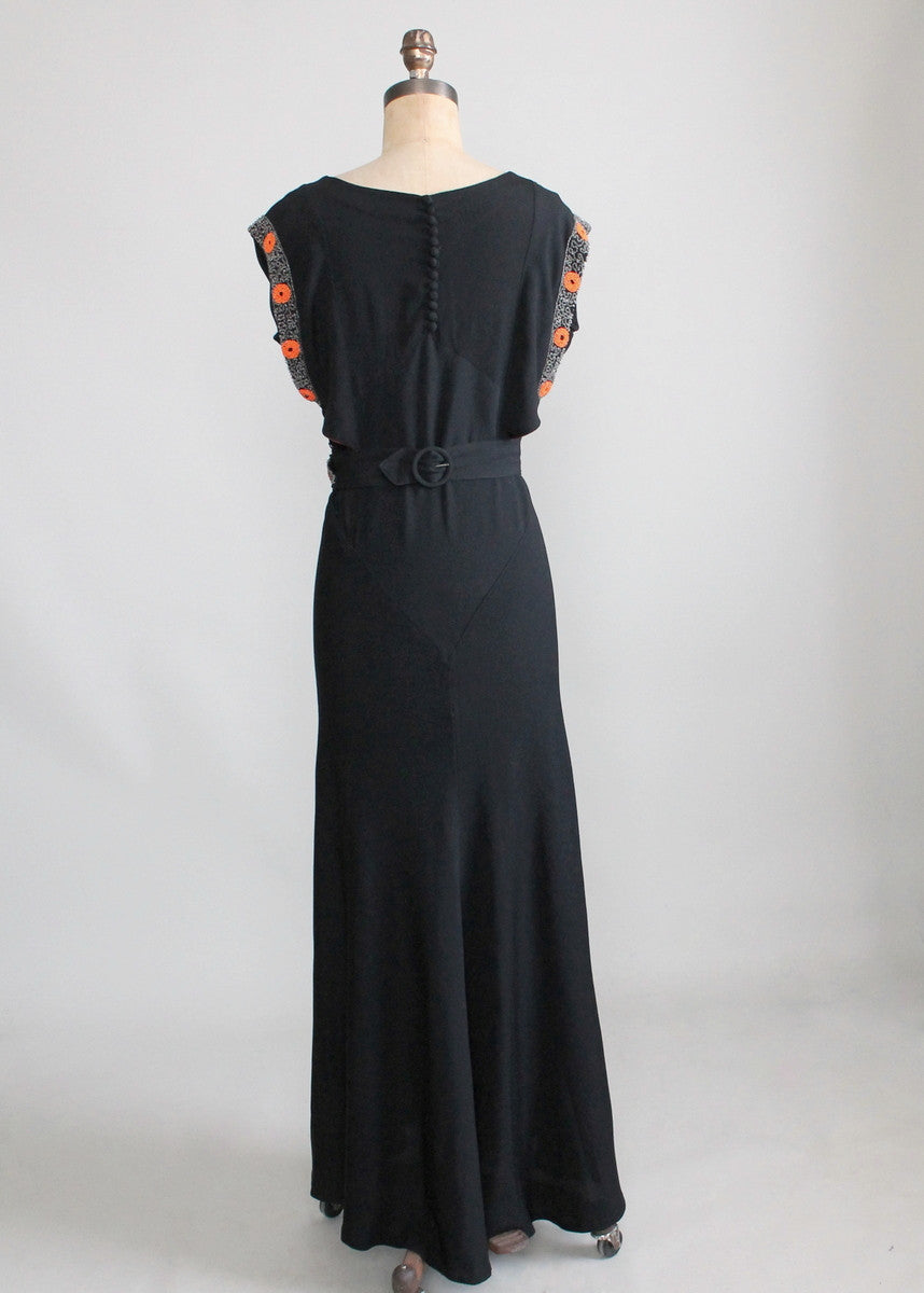 Vintage 1930s Black Crepe Tangerine Beaded Evening Dress