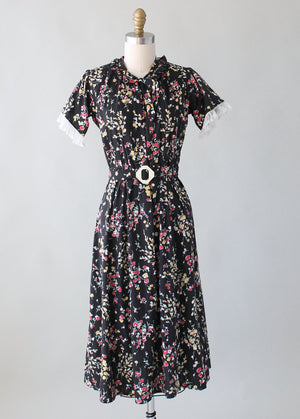 Vintage 1930s Dark Garden Floral Cotton Day Dress