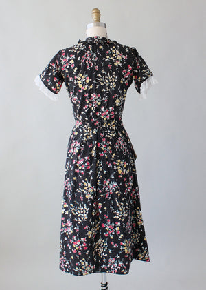 Vintage 1930s Dark Garden Floral Cotton Day Dress