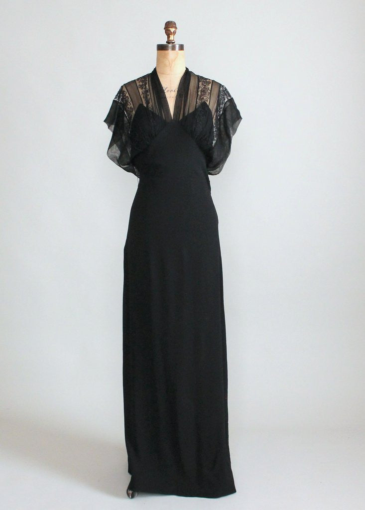 1930s black dress The Vesper Gown  Jet frill around full neckline 1930s black LACE slip dress