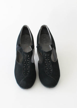 Vintage 1930s Black Suede T-Strap Shoes