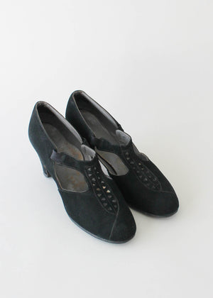 Vintage 1930s Black Suede T-Strap Shoes
