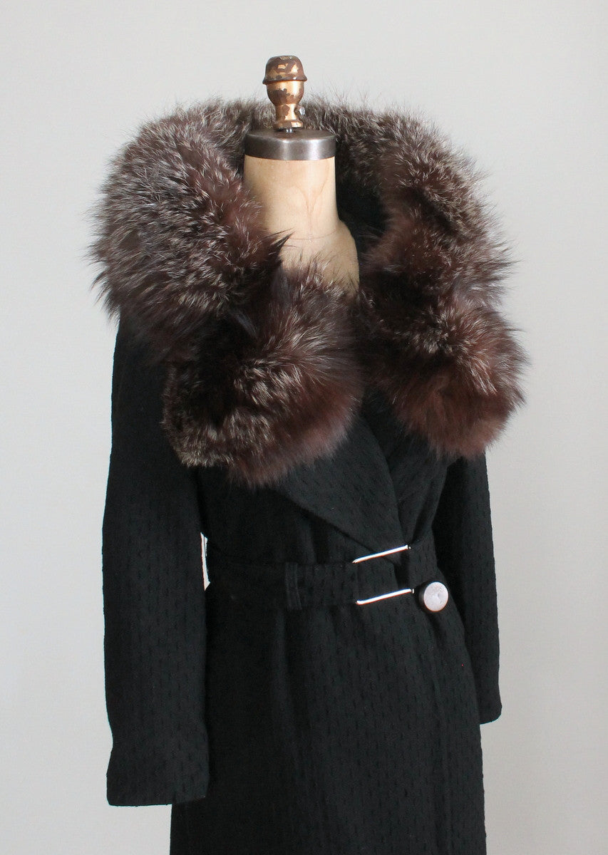 Vintage 1930s Art Deco Wool Coat with Fox Fur Collar