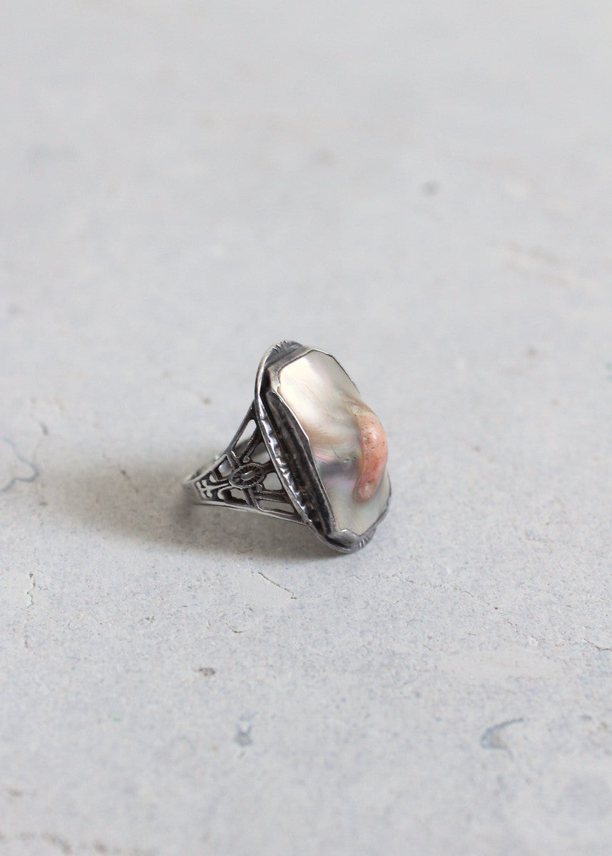 Vintage 1930s Art Deco Sterling Silver Blister Pearl Ring