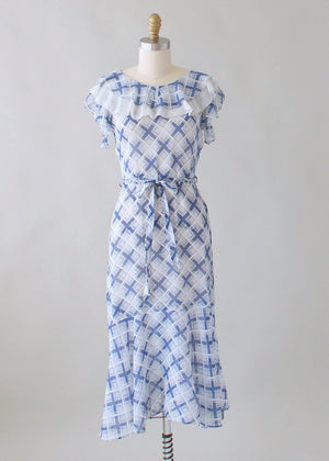 Vintage 1930s Blue and White Check Day Dress