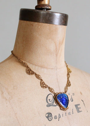 Vintage 1930s Brass and Blue Rose Glass Necklace