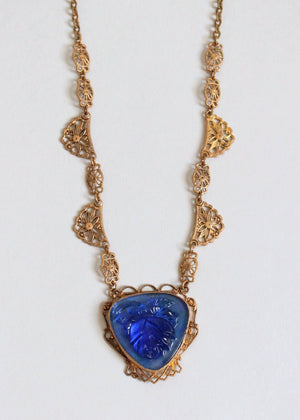 Vintage 1930s Brass and Blue Rose Glass Necklace