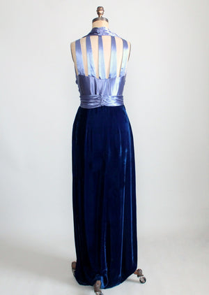 Vintage 1930s Blue Velvet and Satin Cage Back Evening Dress