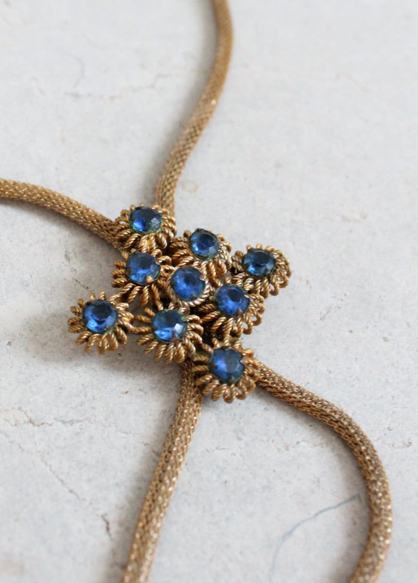Vintage 1940s Brass and Blue Glass Adjustable Lariat Necklace