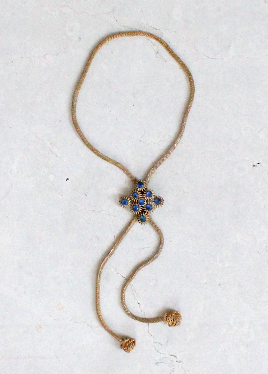 Vintage 1940s Brass and Blue Glass Adjustable Lariat Necklace