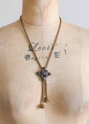 Vintage 1940s Brass and Blue Glass Adjustable Lariat Necklace