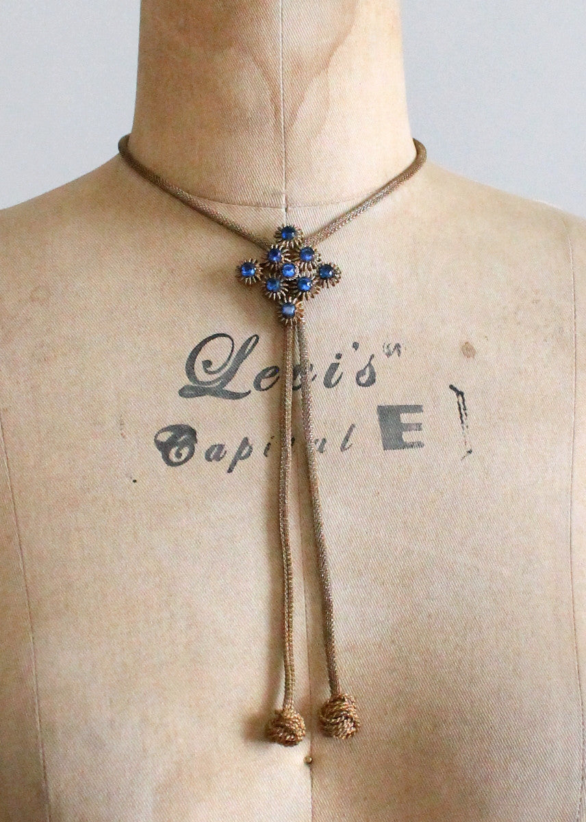 Vintage 1940s Brass and Blue Glass Adjustable Lariat Necklace