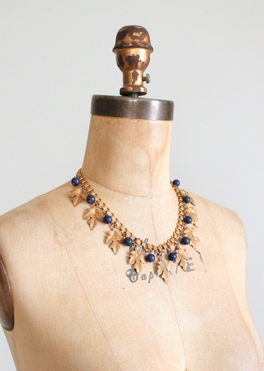 Vintage 1930s Brass Leaves Book Chain Necklace