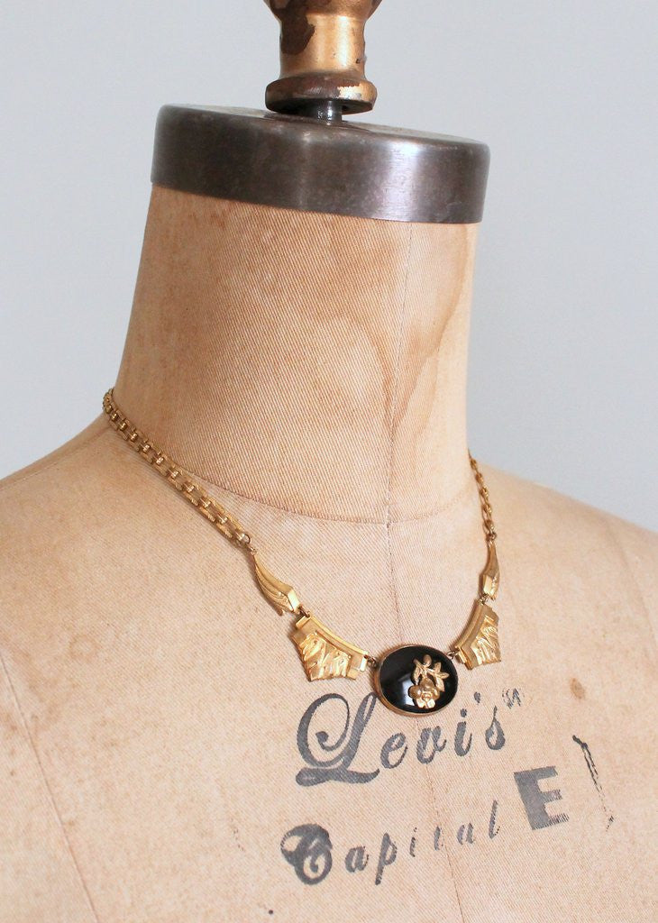 Vintage 1930s Brass Rose and Onyx Necklace