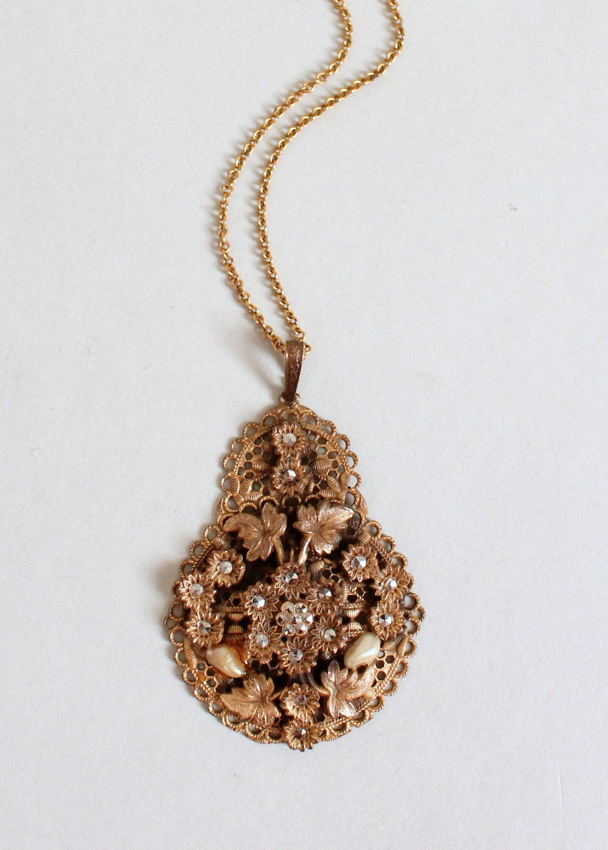 Vintage 1930s Brass, Pearls, and Marcasite Pendant Necklace