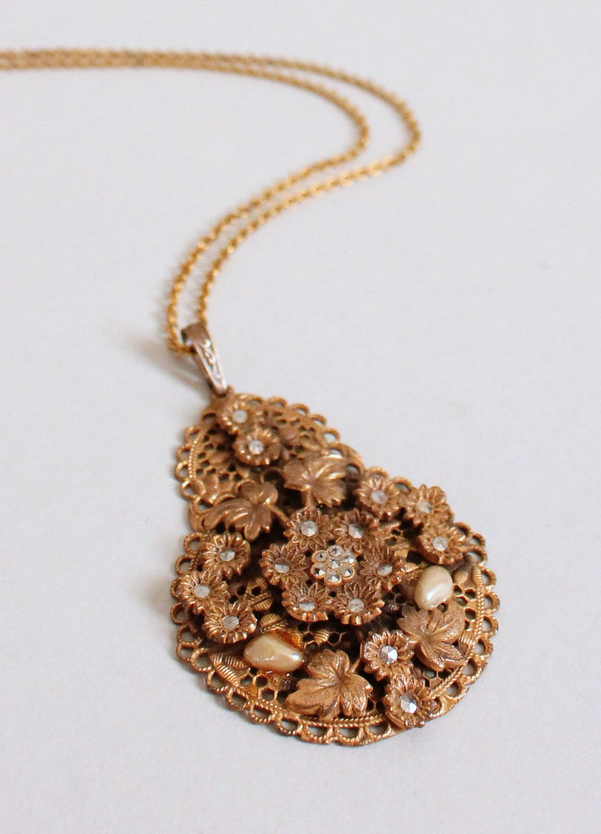 Vintage 1930s Brass, Pearls, and Marcasite Pendant Necklace