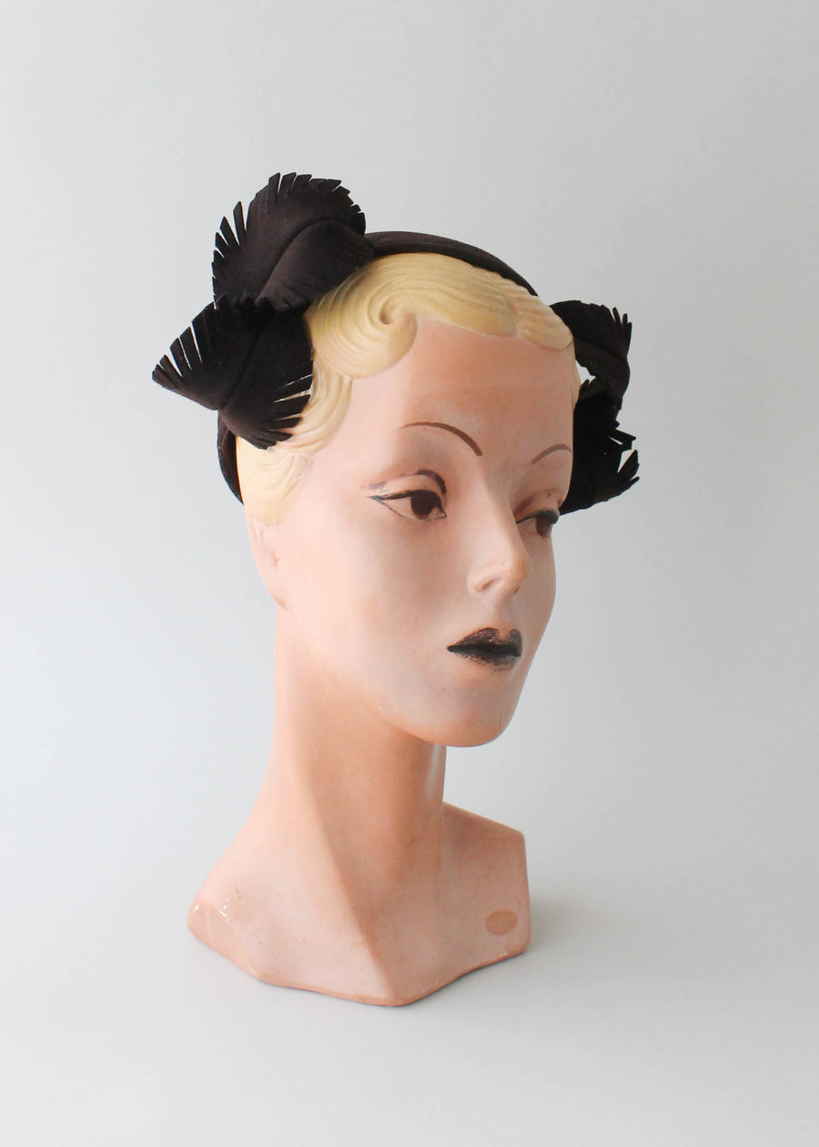 Vintage 1930s Brown Felt Cap with Art Deco Leaves