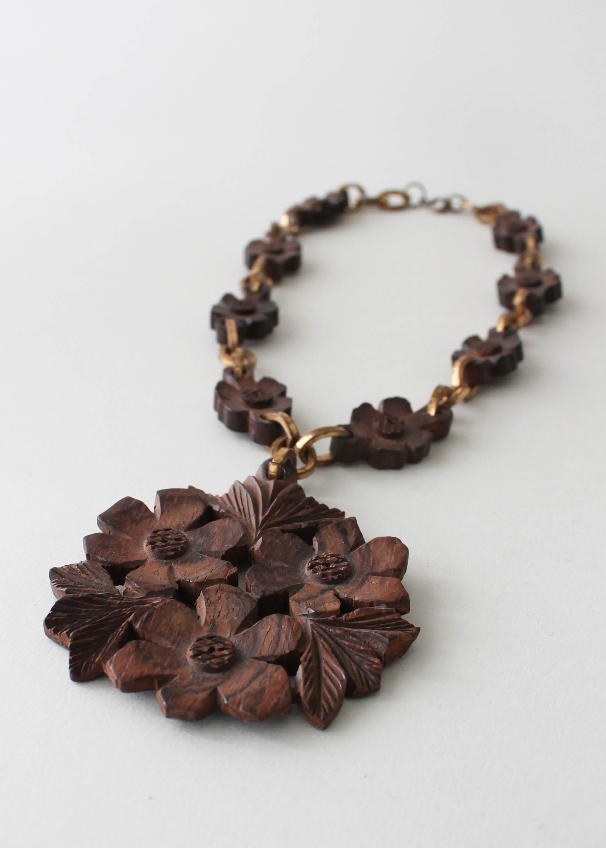 Vintage 1940s  Brass and Carved Wood Flower Necklace