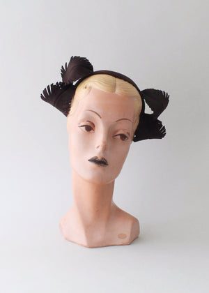 Vintage 1930s Brown Felt Cap with Art Deco Leaves