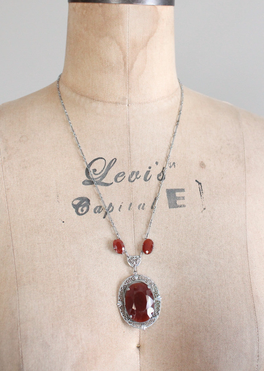 Vintage 1930s Carnelian Glass and Silver Filigree Necklace
