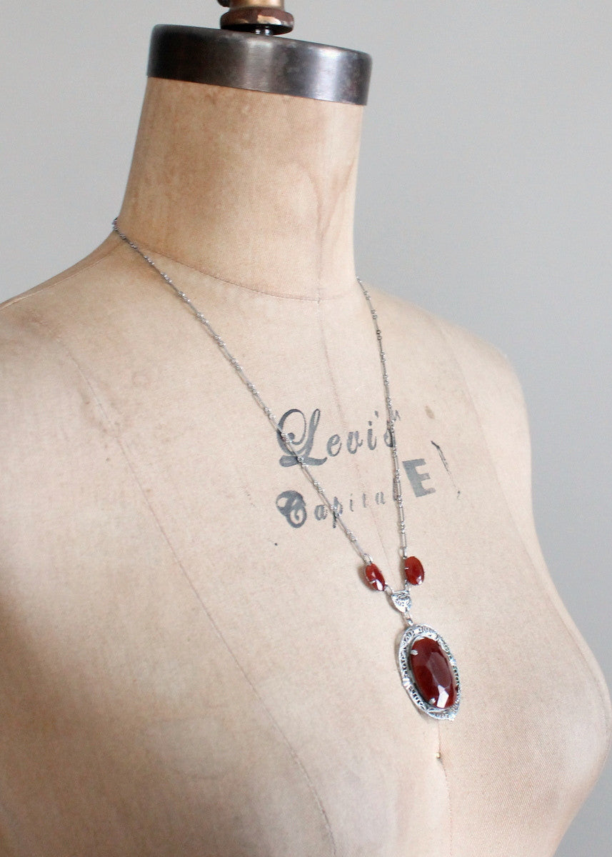 Vintage 1930s Carnelian Glass and Silver Filigree Necklace