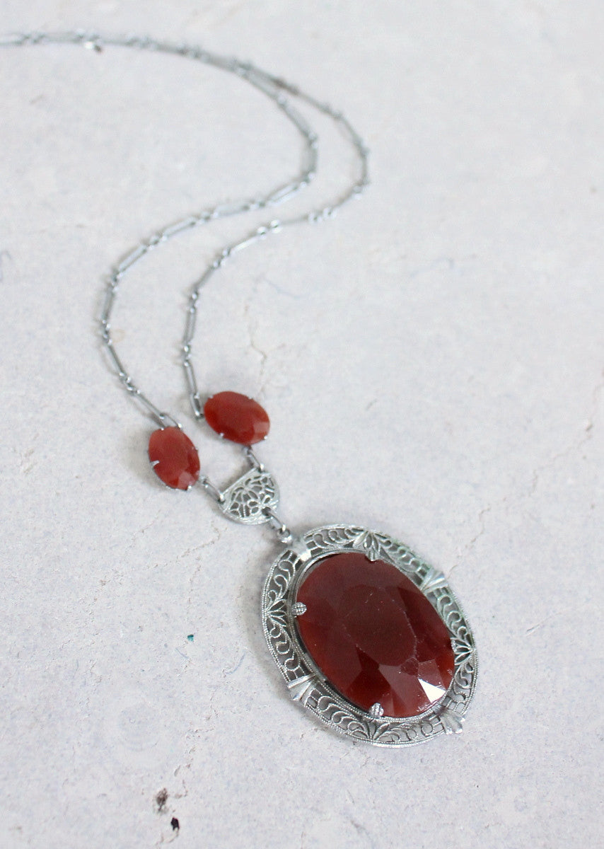 Vintage 1930s Carnelian Glass and Silver Filigree Necklace
