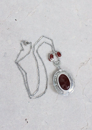 Vintage 1930s Carnelian Glass and Silver Filigree Necklace