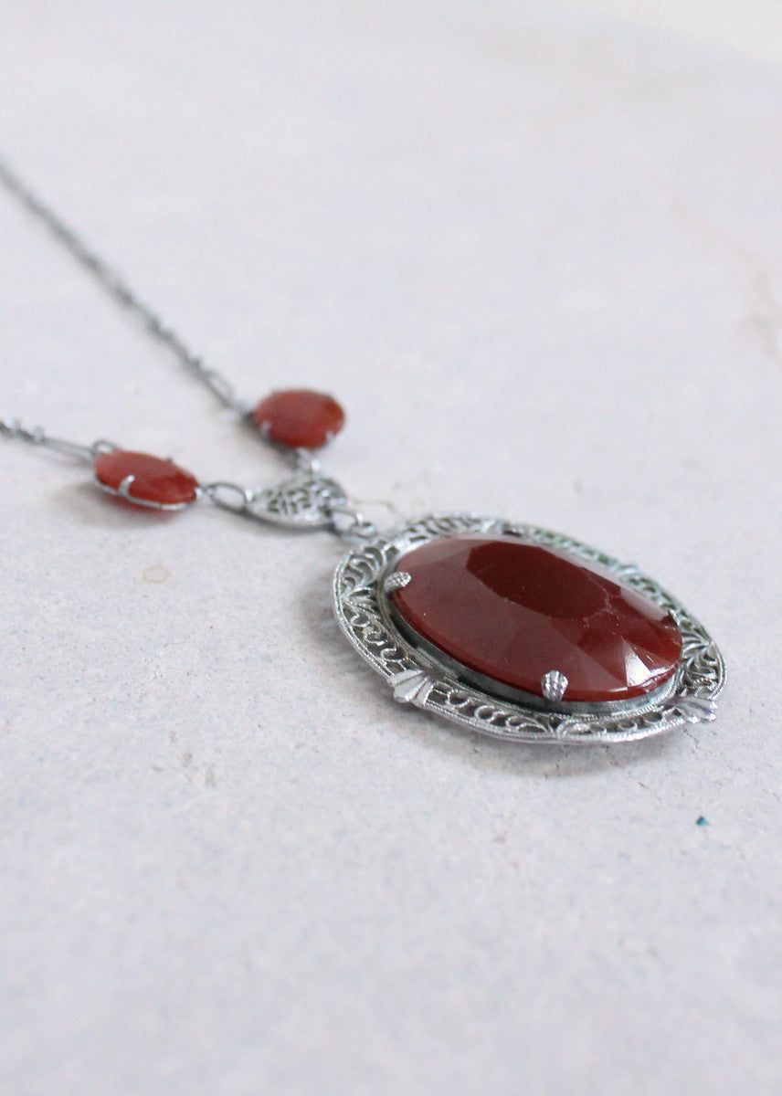Vintage 1930s Carnelian Glass and Silver Filigree Necklace