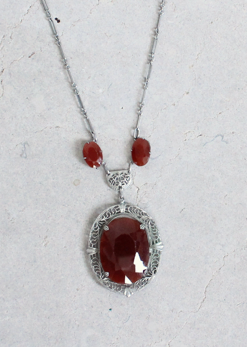 Vintage 1930s Carnelian Glass and Silver Filigree Necklace