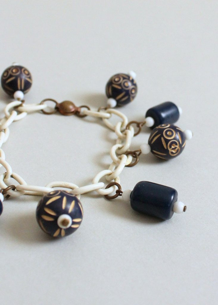 Vintage 1930s Navy Carved Beads on a Celluloid Chain
