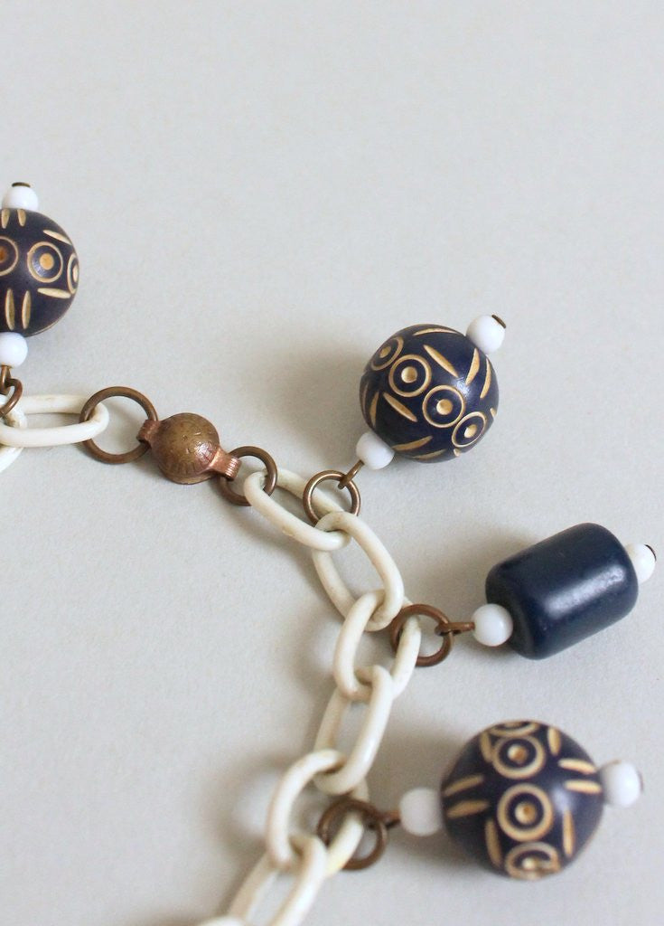 Vintage 1930s Navy Carved Beads on a Celluloid Chain