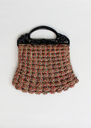 Vintage 1930s Multi Colored Popcorn Knit Purse with Black Celluloid Handles