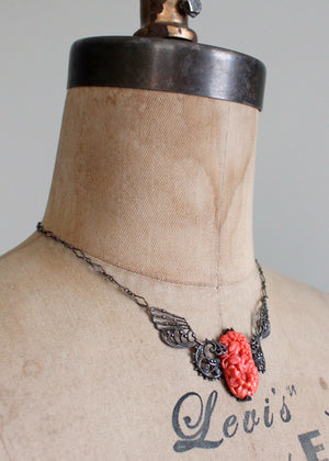 Vintage 1930s Floral Celluloid and Filigree Silver Necklace