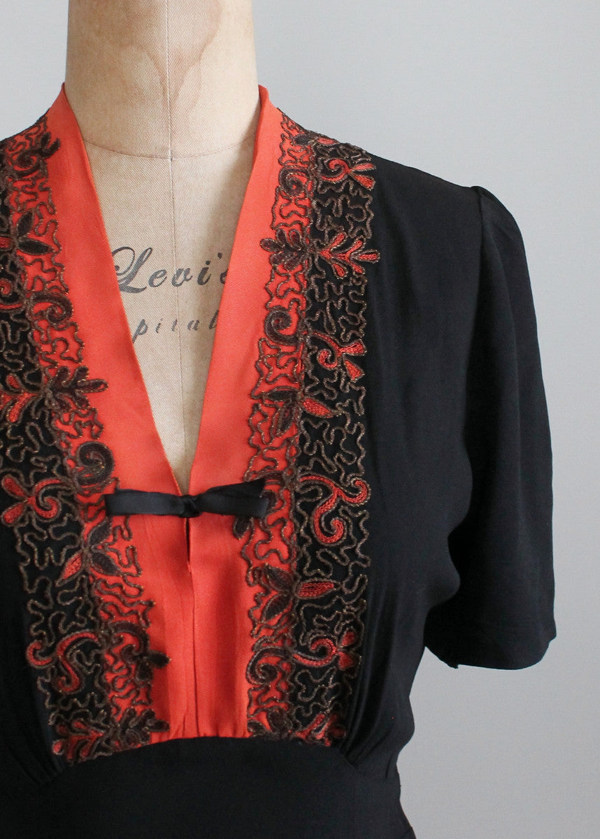Vintage 1930s Black and Orange Dress with Metallic Soutache