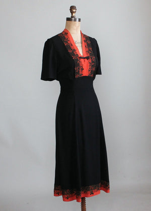 Vintage 1930s Black and Orange Dress with Metallic Soutache