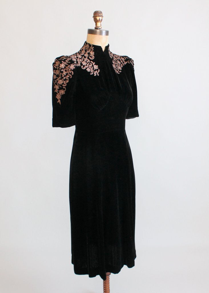 Vintage 1930s Black Velvet Dress with Soutache Shoulders