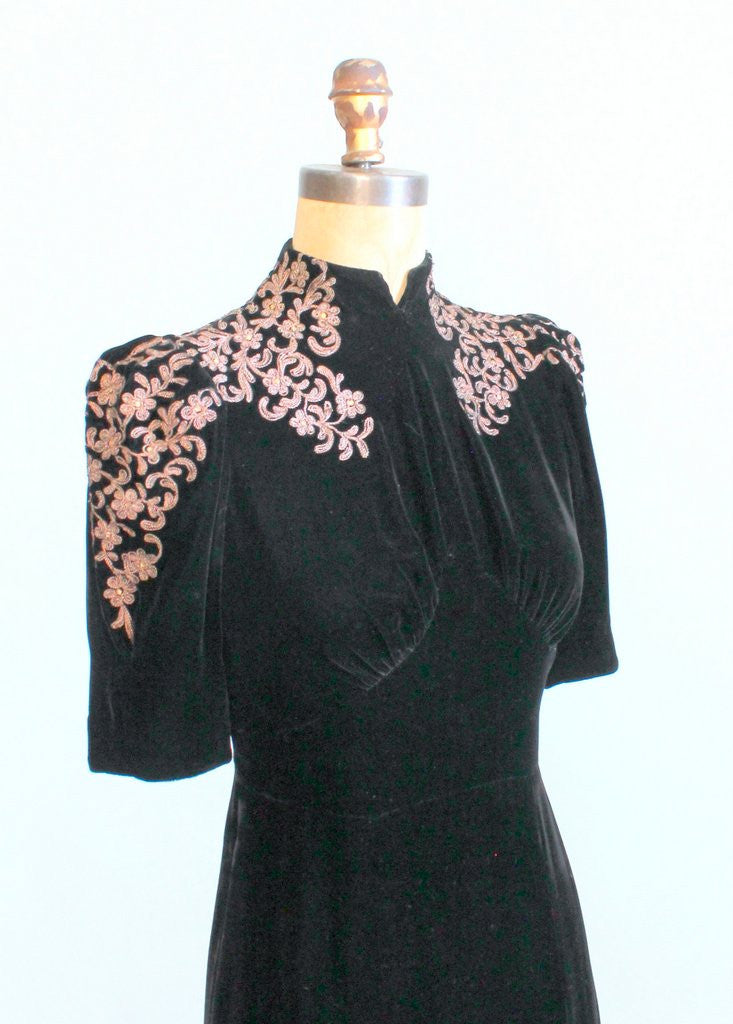Vintage 1930s Black Velvet Dress with Soutache Shoulders