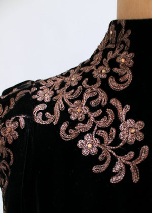 Vintage 1930s Black Velvet Dress with Soutache Shoulders