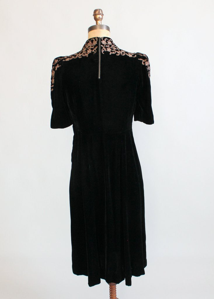 Vintage 1930s Black Velvet Dress with Soutache Shoulders - Raleigh Vintage