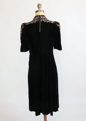 Vintage 1930s Black Velvet Dress with Soutache Shoulders