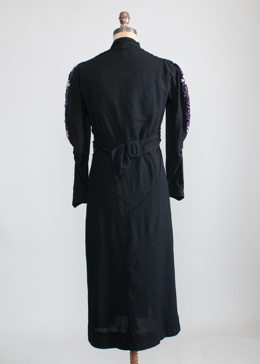 Vintage 1930s Embroidered Black Wool Day Dress