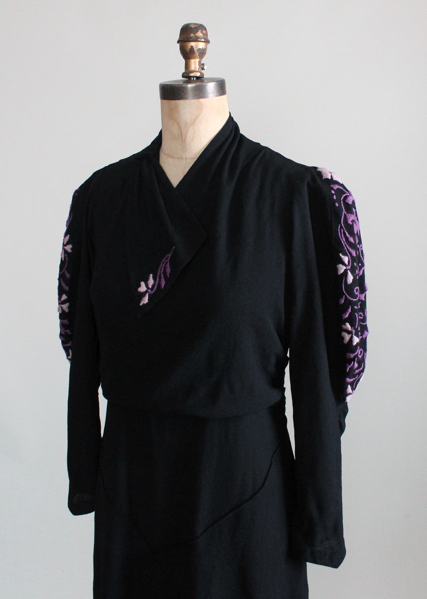 Vintage 1930s Embroidered Black Wool Day Dress