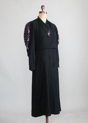 Vintage 1930s Embroidered Black Wool Day Dress