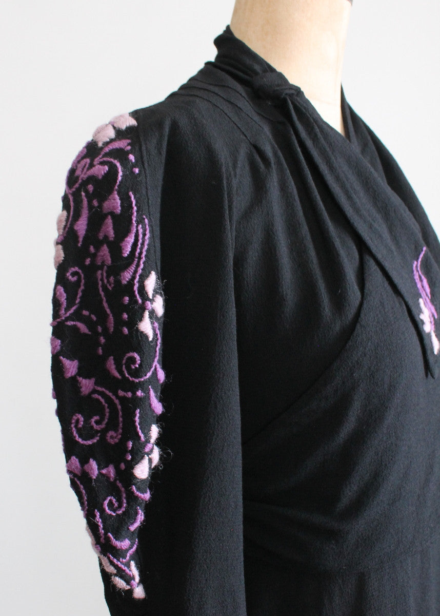 Vintage 1930s Embroidered Black Wool Day Dress