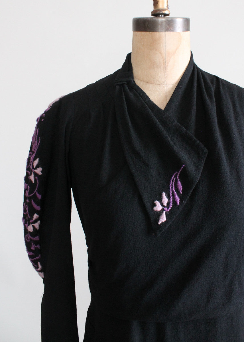 Vintage 1930s Embroidered Black Wool Day Dress