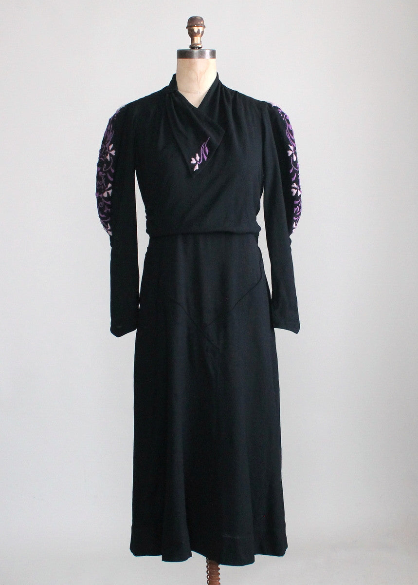 Vintage 1930s Embroidered Black Wool Day Dress