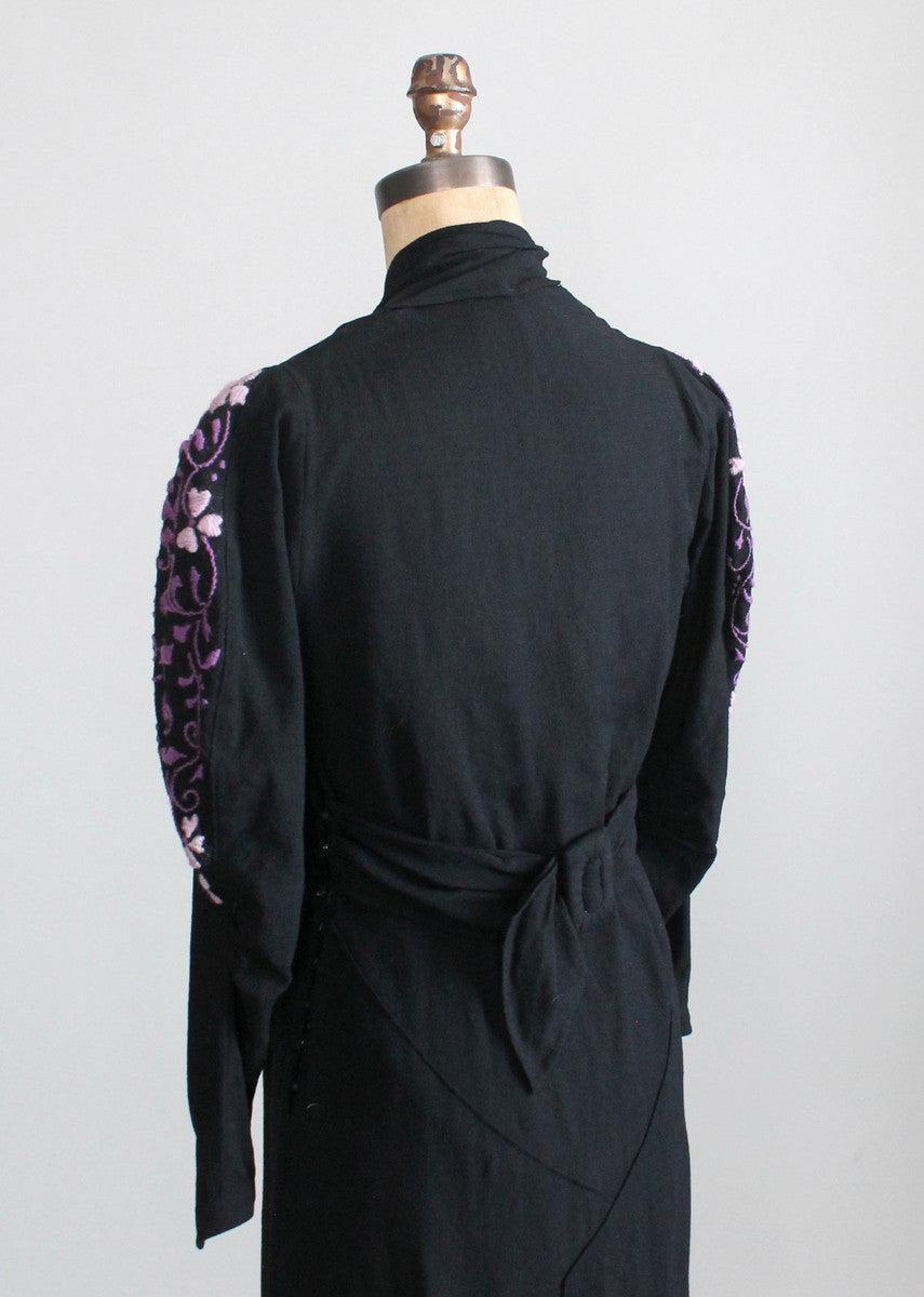 Vintage 1930s Embroidered Black Wool Day Dress