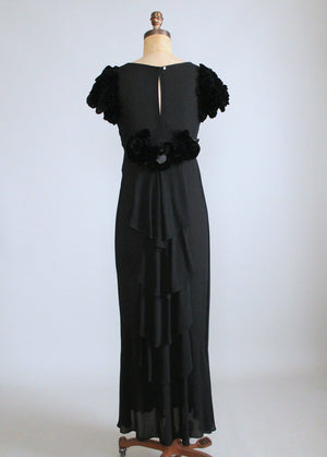 Vintage 1930s Black Evening Dress with Velvet Petal Sleeves